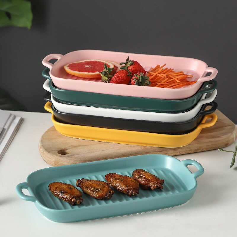 Rectangular Nordic Ceramic Plate Dual Handle Chicken Wings Barbecue Baking Plate Baking Tableware Heat Resistant Tableware Plate