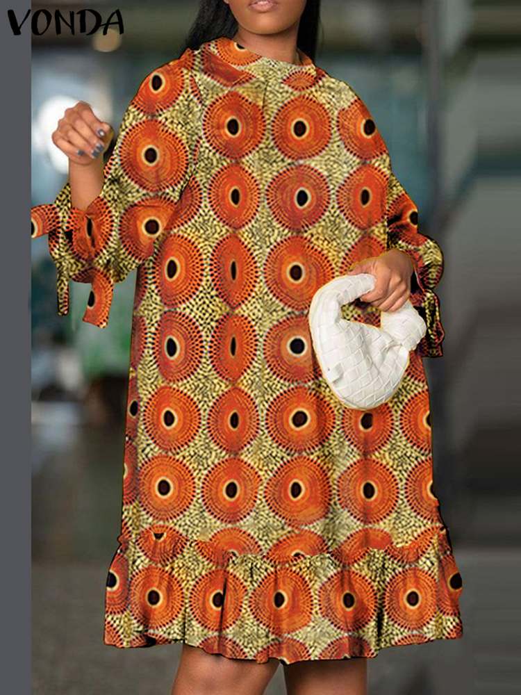 Vonda zomerjurk met print voor dames, bohemian stijl, casual, losvallend, lange mouwen, knielengte, feestjurk, oversized: Ik / Oranje