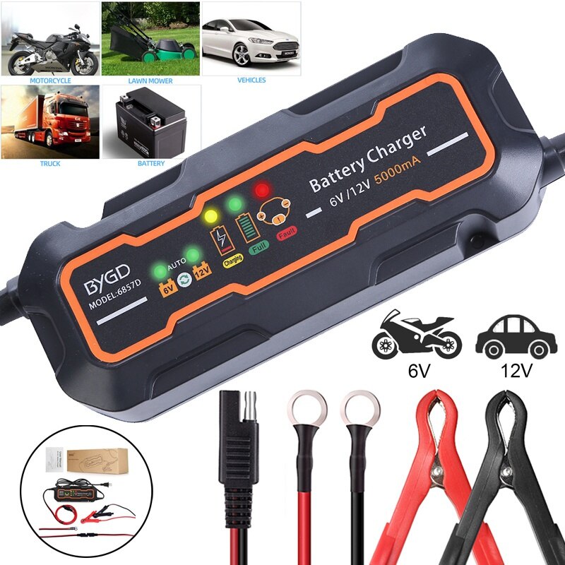 6V/12V Intelligent Battery Charger Portable Lead Acid Battery Charger with Detachable Alligator Clips,for Motorcycle/Car