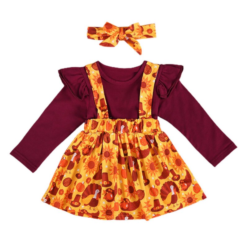 Thanksgiving Peuter Baby Meisjes 3 Stuks Rokken Outfits, Lange Mouwen Top + Jarretel Gedrukt Rok + Hoofdband: Rood / 18m