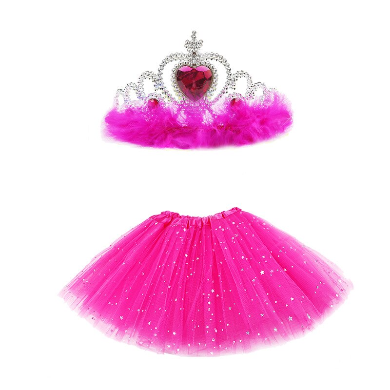 2 stk prinsesse tøj børnebarn baby piger glitter tyl tutu nederdel + krone formel fest outfit 8 farver: Rosenrød