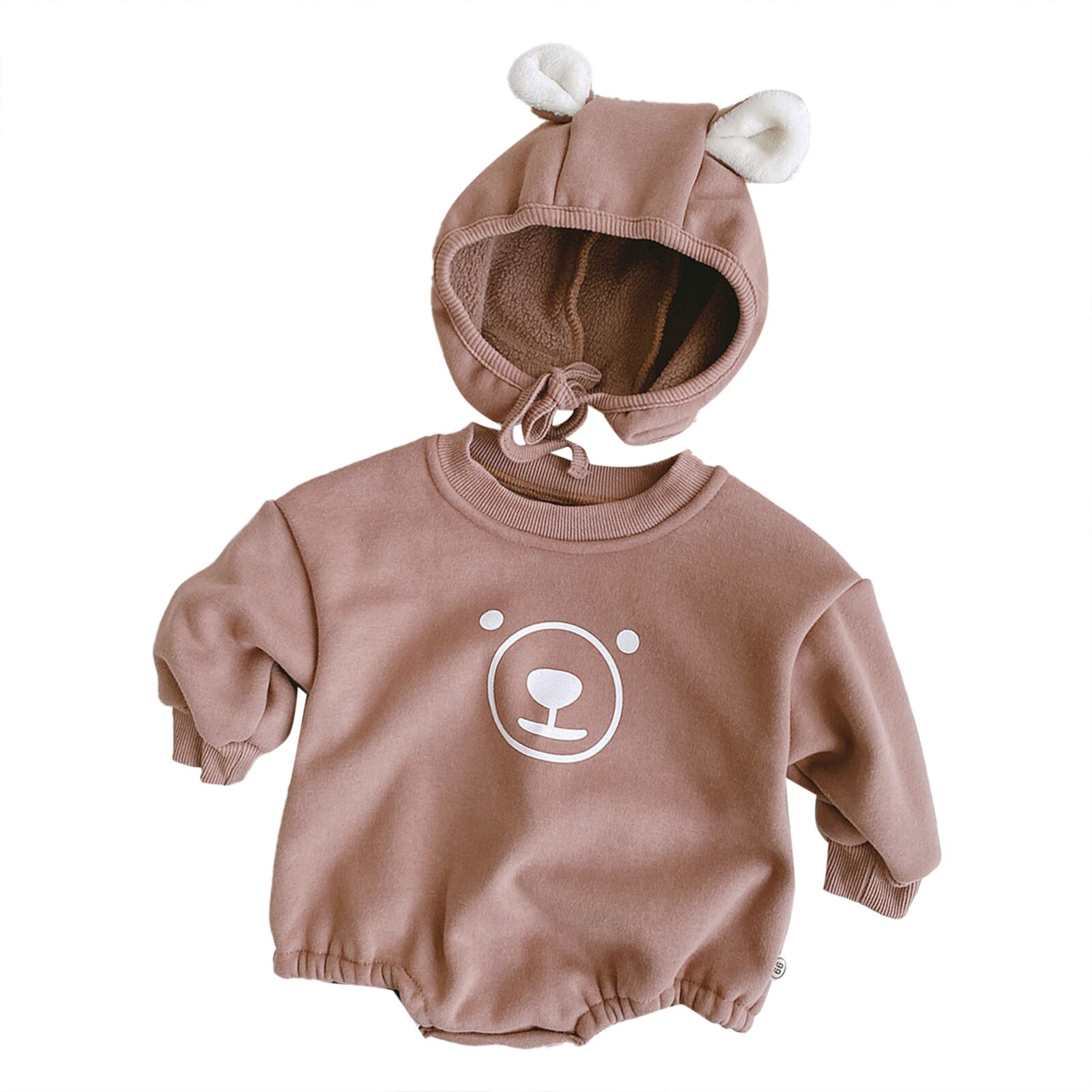 Baby Jongens Meisjes Cartoon Beer Print Romper Lange Mouw Bodysuit Met Hoed Katoen Kids Baby Winter Plus Fluwelen Dikker Jumpsuits: Coffee / 0-3 Months
