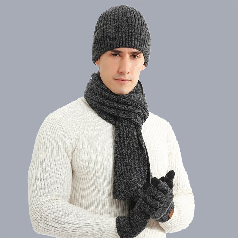 Høst og vinter varm dress blandet farge strikket herre ull tykk lue skjerf herre hansker tre for menn: Mørk grå
