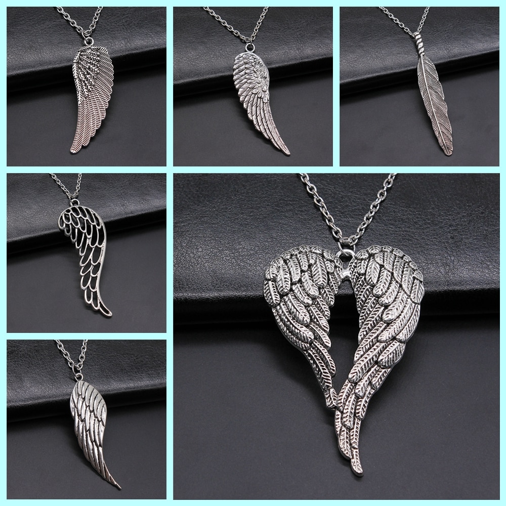 2 Colors Antique Silver Color Antique Bronze Color Bird Wings &amp; Feather Pendant Necklace For Women Men Girl Boy Metal Chain