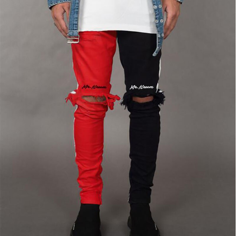 Stretch denim bukser solid slim fit jeans mænd casual biker denim jeans mandlige street hip hop vintage bukser skinny pant: Sort og rød / Xxxl