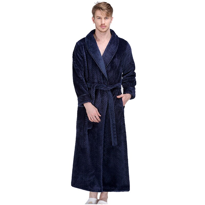 Svart morgonrock kimono badrock manlig långärmad varm morgonrock herren schlafanzug vinter extra lång flanell badrock: Marinblå / Xl
