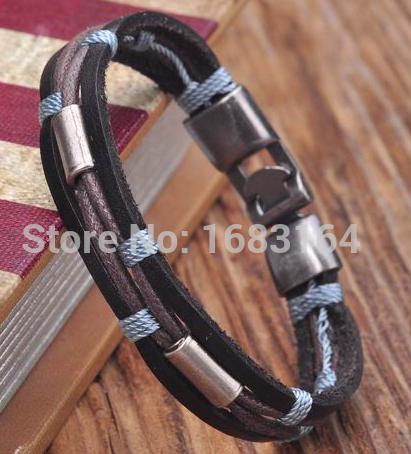 G154 Zwart-blauw Lederen Hennep Gevlochten Surfer Polsband Armband Manchet Metalen Sluiting Heren: Default Title