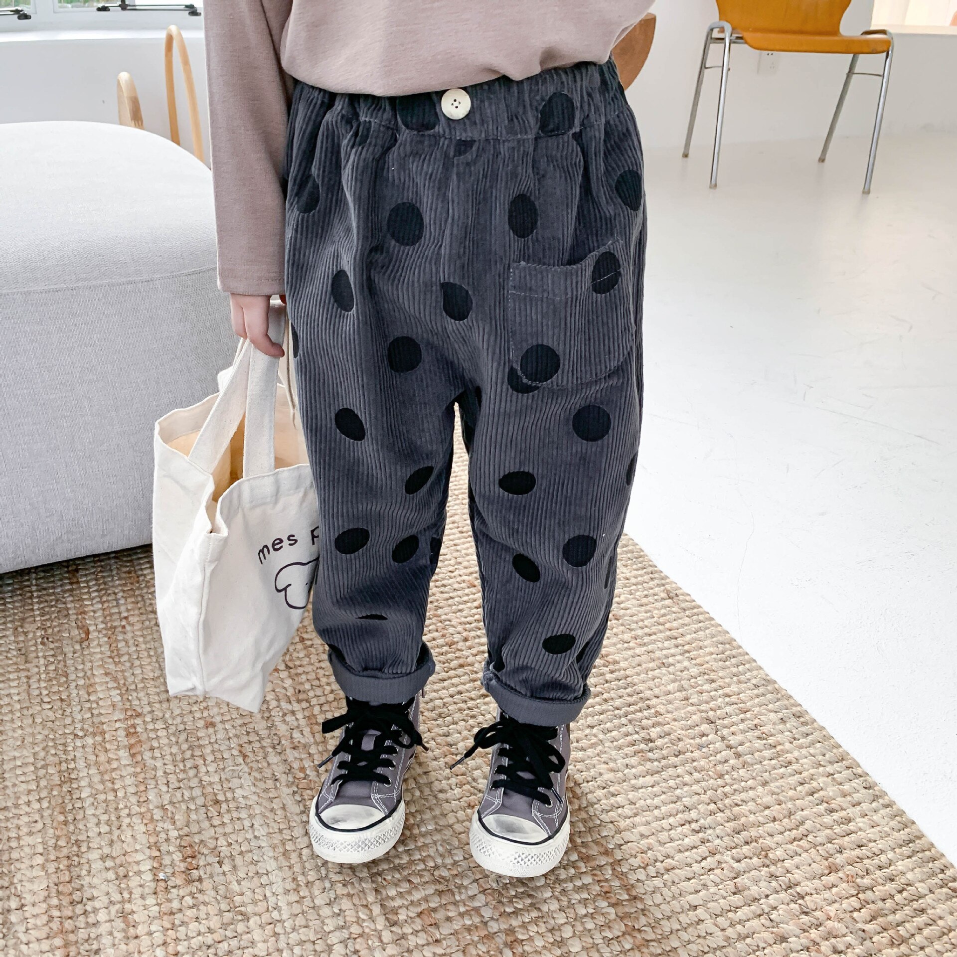 garçons filles velours côtelé pantalons décontractés enfants enfants dot 3 couleurs pantalon 1-6Y: Gris / 2T