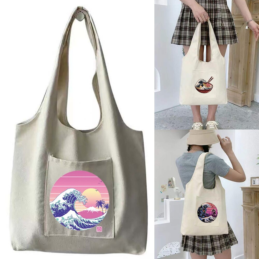 Mode Canvas Vest Tas Dames Wave Print Opvouwbare Reizen Diversen Opbergtas Wasbaar Draagbare Crossbody Schoudertassen