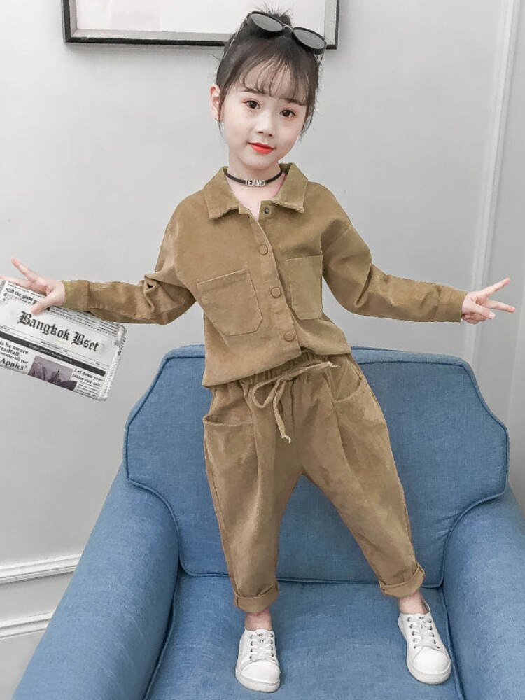 Ensemble deux pièces pour filles, chemise à manches longues et pantalon, en velours côtelé, pour enfants de 3-11 ans et plus, collection automne-hiver: Or / 10t