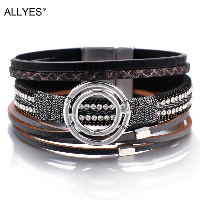 Allyes Bohemian Lederen Armbanden Voor Vrouwen Mode Grote Charm Boho Wrap Crystal Multilayer Brede Armband Femme Sieraden