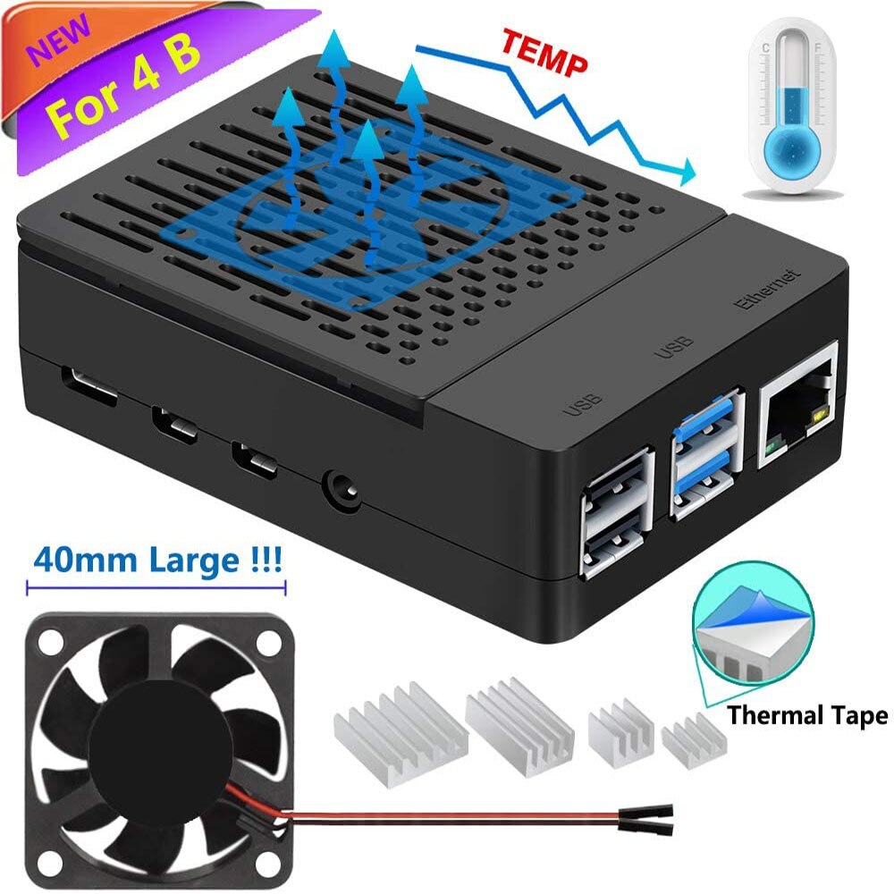 Iuniker raspberry pi 4 ventilador caso abs com dissipador de calor refrigeração 40mm ventilador silencioso simples removível capa superior para pi 4 modelo b/4b: Black With Large Fan