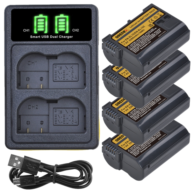 Batterie EN-EL15C EN-EL15B EN-EL15 + chargeur avec Port type-c, pour appareil photo Nikon Z5 D850 Z6 Z7 D780 D750 D810 D7000 D7500 Z6 ii: 4Battery and Charger