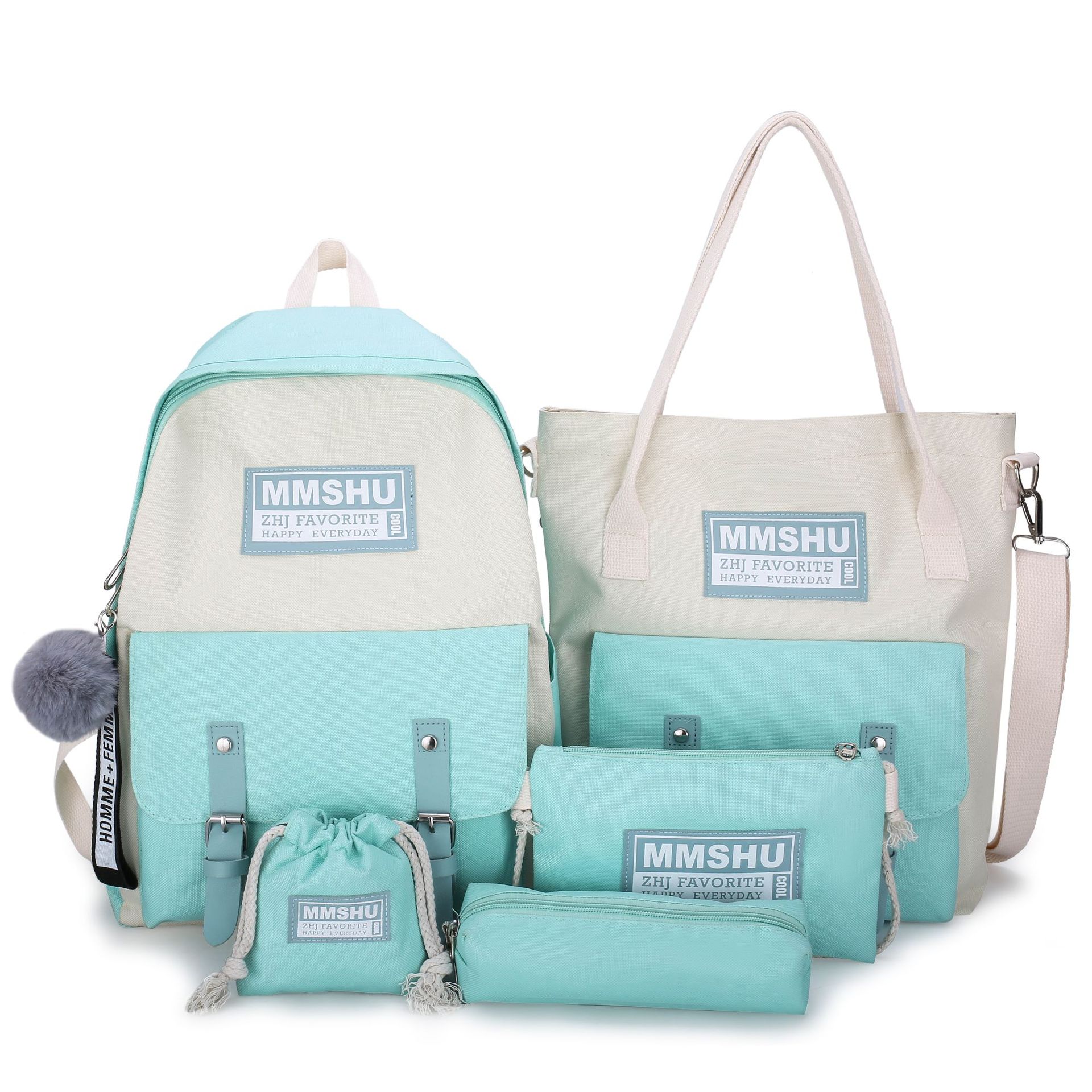 5 pièces/ensemble toile sacs d'école pour adolescentes couleur unie voyage sac à dos femmes Bookbags étudiant sac à dos sac à dos MD0158: B-Green