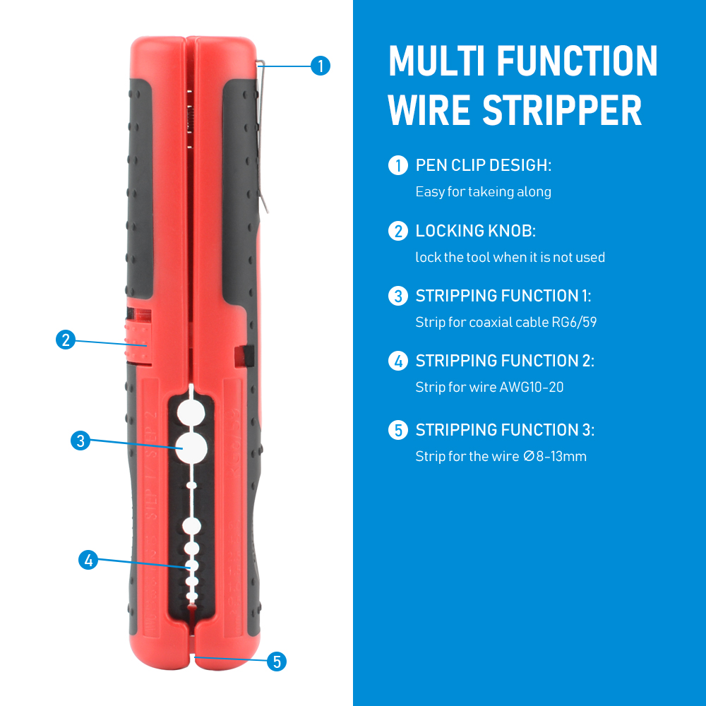 Gemakkelijk mee te nemen handgereedschap, multifunctioneel, tandwielslijpmachine, kabelstripper, coaxkabelstripper, draadstripper, handig en praktisch.: Rood