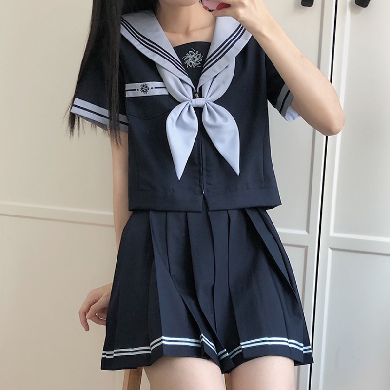 Japansk jk-uniform preppy-stil sjömansdräkt söt blå lång kortärmad topp med åtsittande midja och plisserad kjol för flicka