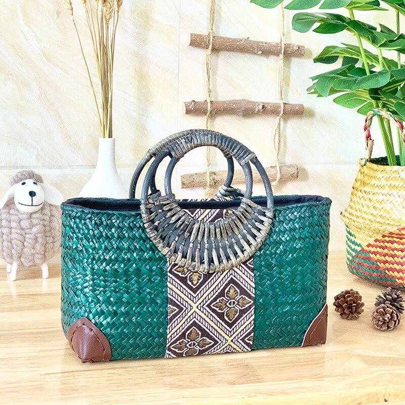 Borsa in paglia fatta a mano borsa in rattan stile etnico retrò borsa in tessuto intrecciato da donna di mezza età in bambù