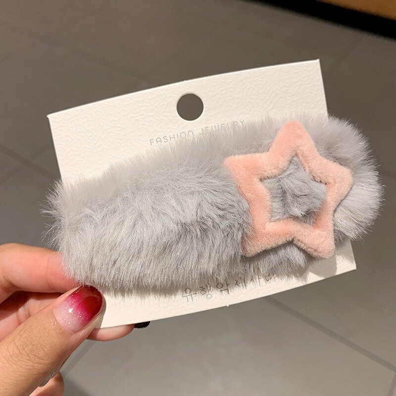 Vrouwen Meisjes Leuke Winter Zacht Pluche Ster Haarspelden Zoete Haar Ornament Hoofdband Haarspeldjes Hair Clips Haaraccessoires: Grijs