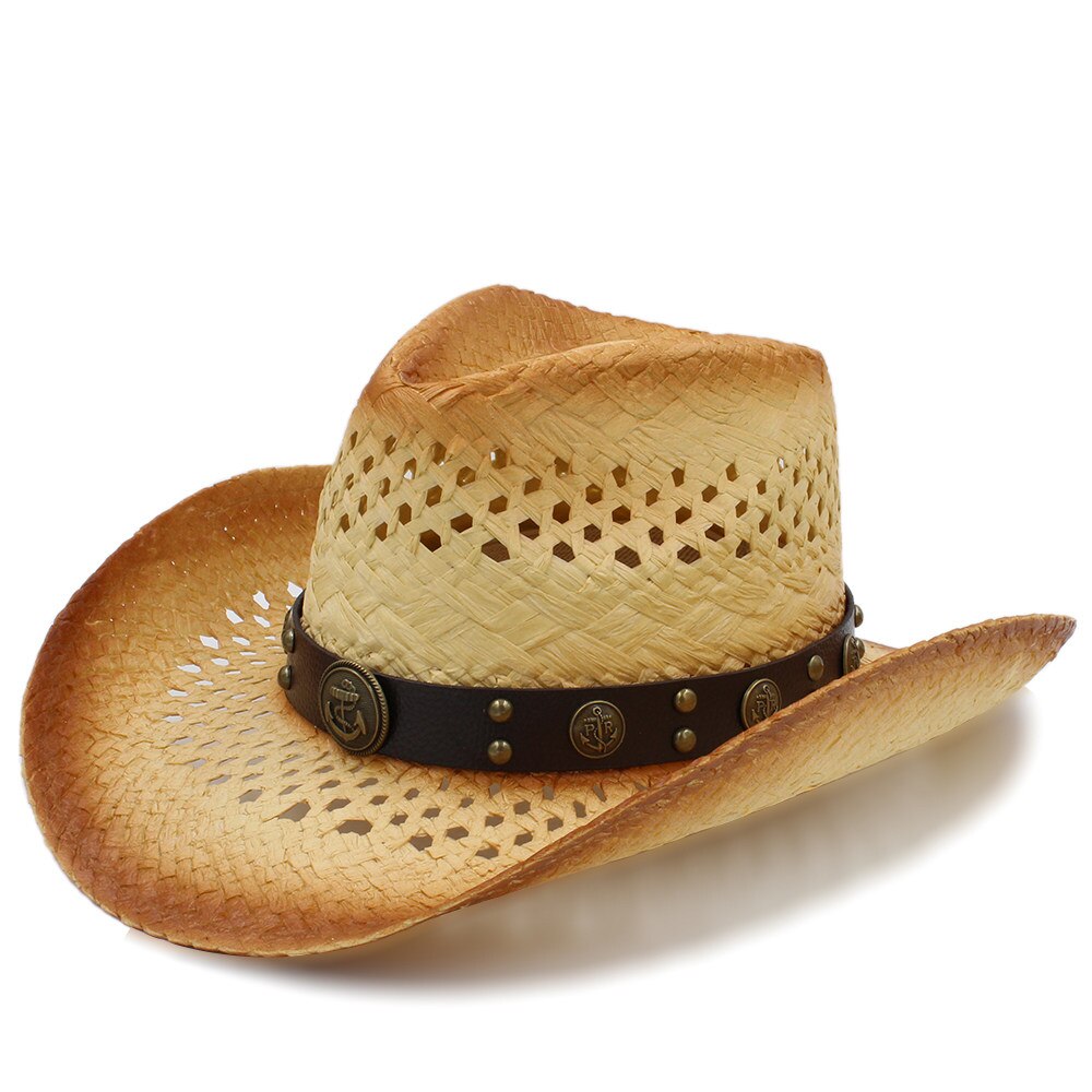 Mode Vrouwen Western Cowboy Hoed Met Mode Lederen Lint Voor Dame Stro Strand Zon Sombrero Cowgirl Hoed Maat 58 cm a0129