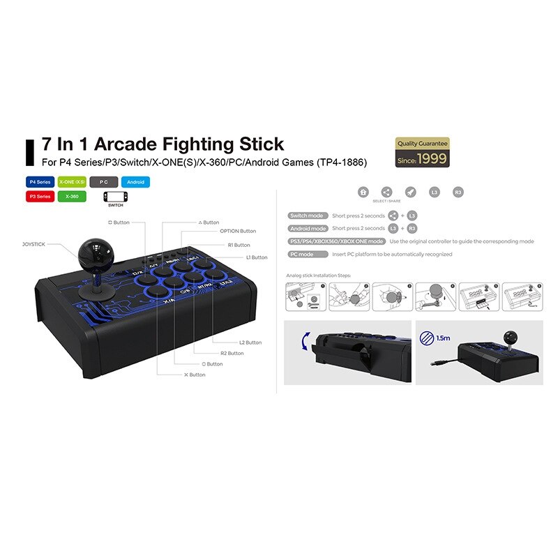 7 In 1 Usb Wired Arcade Fighting Stick Joystick Met Metalen Basis Voor PS4/P3/Pc/Android serie/Een (S)/360 Controller