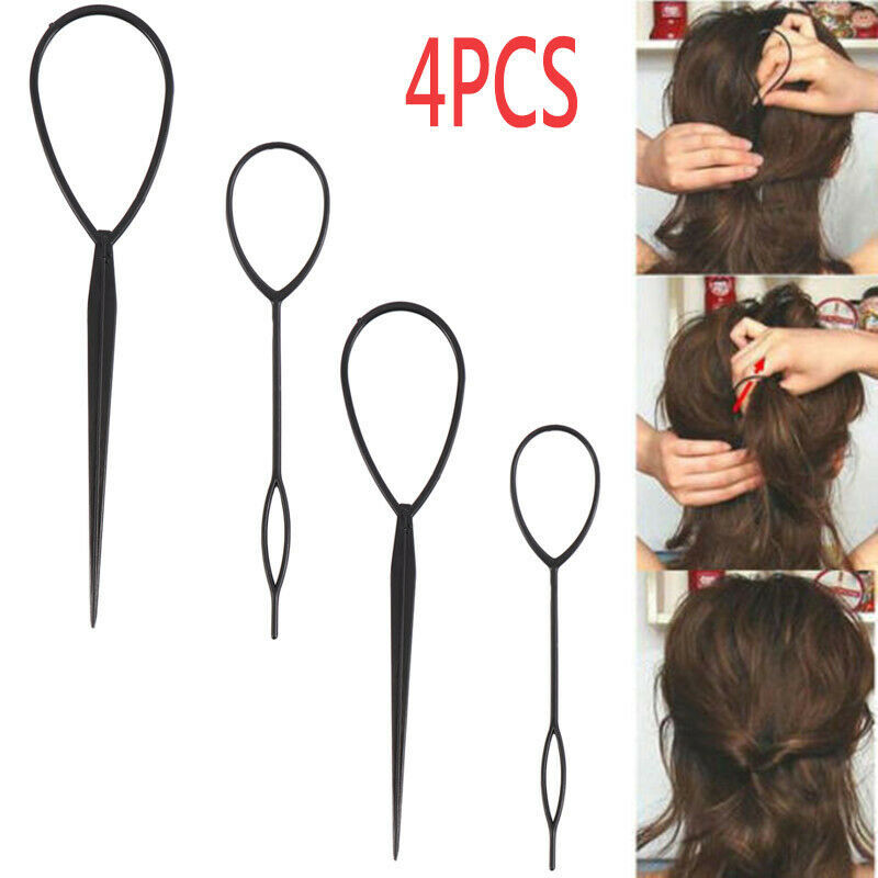 Extracteur de cheveux noir, 4 pièces, outils de coiffure, queue de cheval, créateur de cheveux bouclés de mariée, accessoires en boucle en plastique