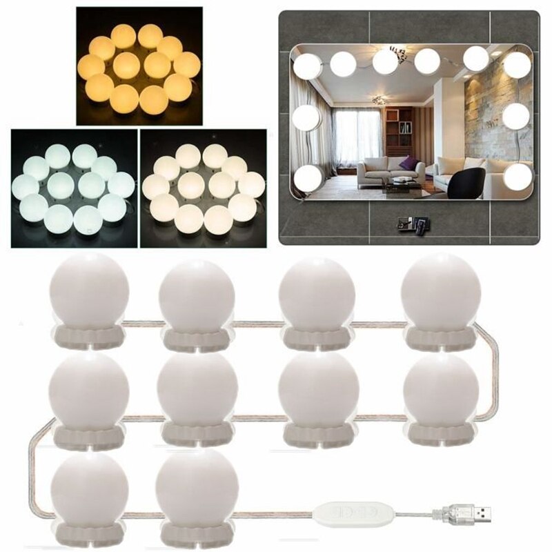 Hollywood stil led spegel ljus makeup spegel usb kosmetisk smink lampa 10 glödlampor kit 3 färger belysning skönhetsdressing