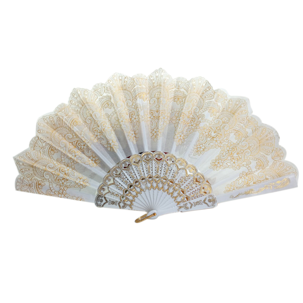 Spanish Style Dance Party Fan Wedding Silk Lace Fan Folding Held Flower Fan Lady Wedding Folding Hand Fan: White