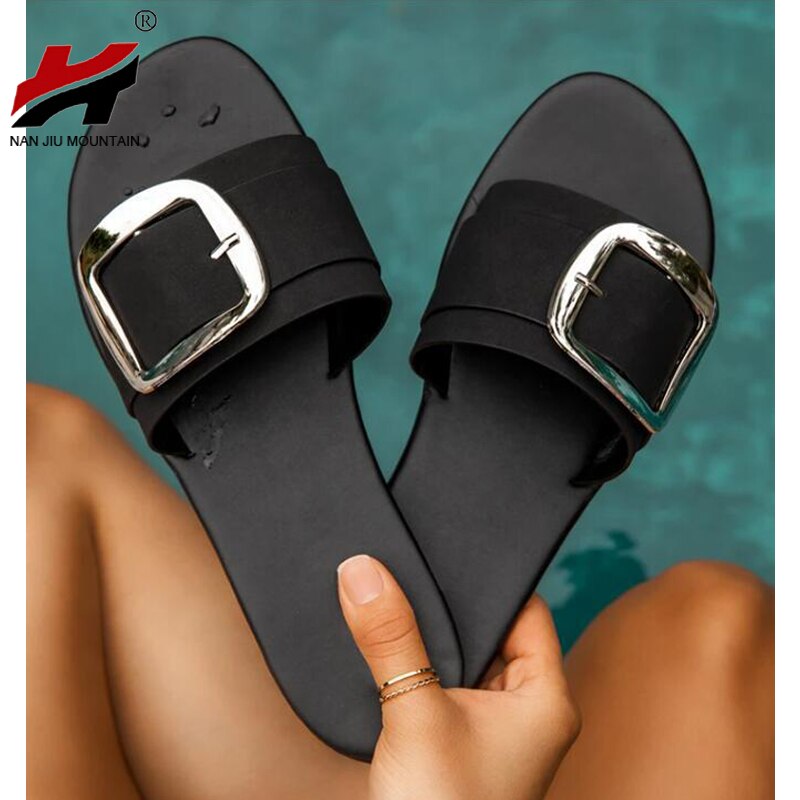 NAN JIU MOUNTAIN Simple Slippers Women Summer Flat Sandals Metal Buckle Slippers Women Shoes 3 Color