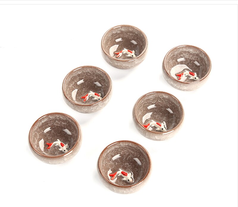 6 stk keramik 3d gyldne fisk kina te kop sæt, crackle glaze rejse te skål kinesisk porcelæn tekop sæt kung fu te sæt: 08