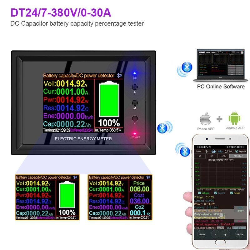 DT24 Hd Ips Bluetooth Digitale Display Dc Power App Voltmeter Amperemeter Batterij Capaciteit Tester Brandstof Gauge Voltage Meter