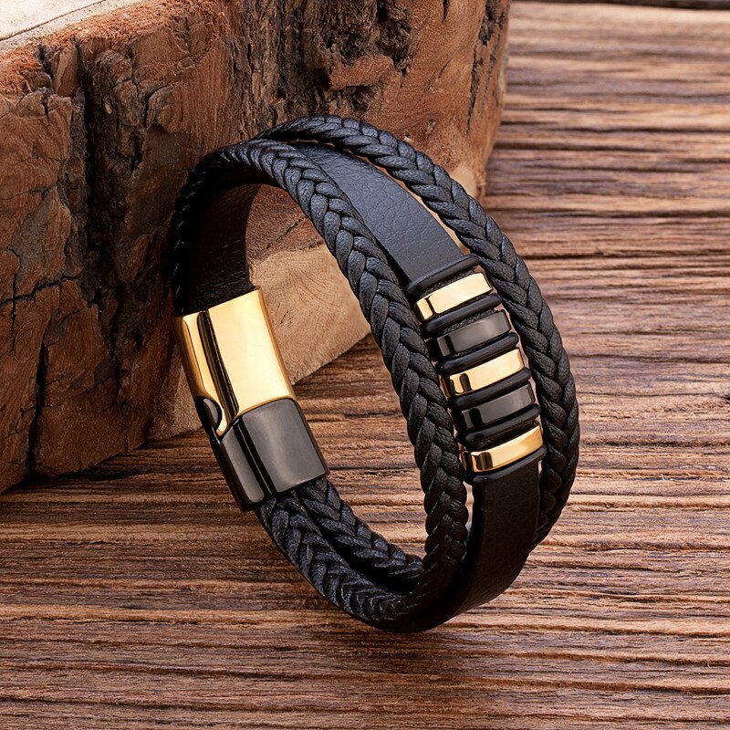 TANGYIN 19/21/23CM Genuine Leather Bracelet Black & Brown Color with Stainless Steel Buckle Easy Hook Bangle For Cool Boys: 4 / 19cm