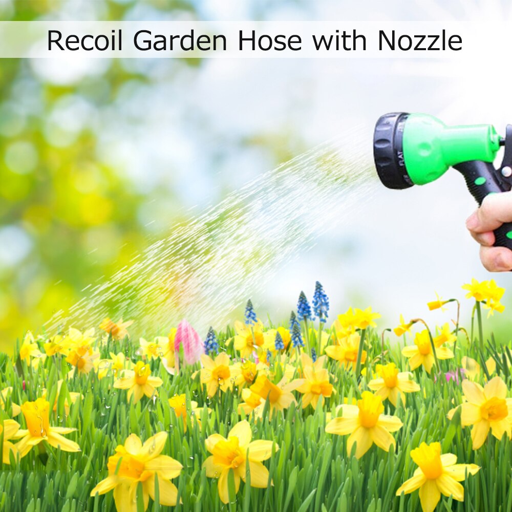 Recoil Garden Hose with Nozzle 7 Spray Patterns High Pressure Car Washer Jet/ Fan/ Mist Hand Sprayer Sprinkler with Connectors