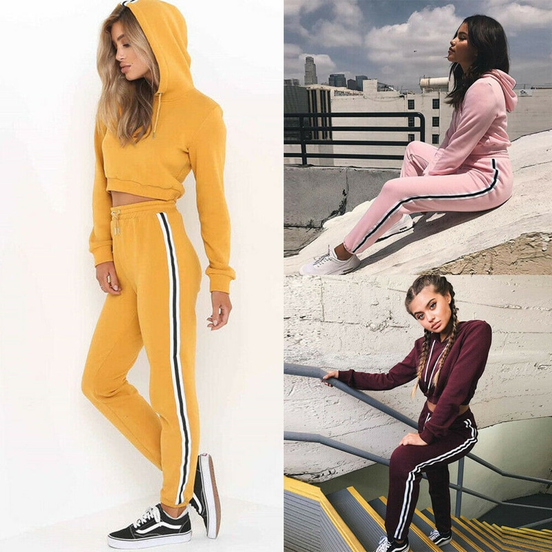 Sportsdress joggedress langermet kvinner stripe løpesett vinter høst jogge joggebukser 2 stk sportsklær kvinnelige sportsdresser