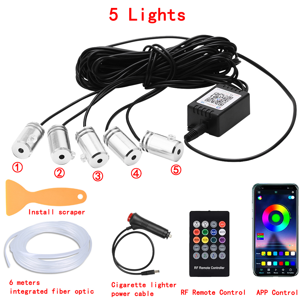 Tira de luces LED para Interior de coche, Kit de iluminación de neón de fibra óptica RGB con Control remoto por aplicación, lámparas decorativas automáticas: Blanco frío