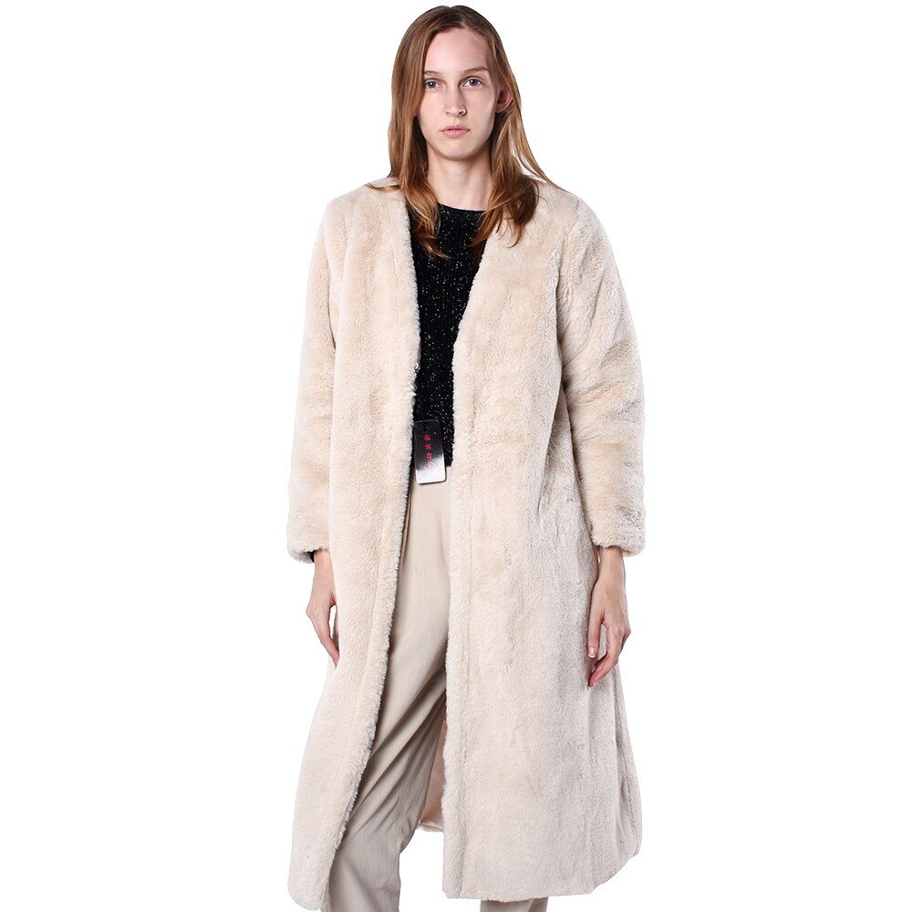 Women Faux Fur Coat With Long Sleeves And Pockets Artificial Ecru White Winter Coat