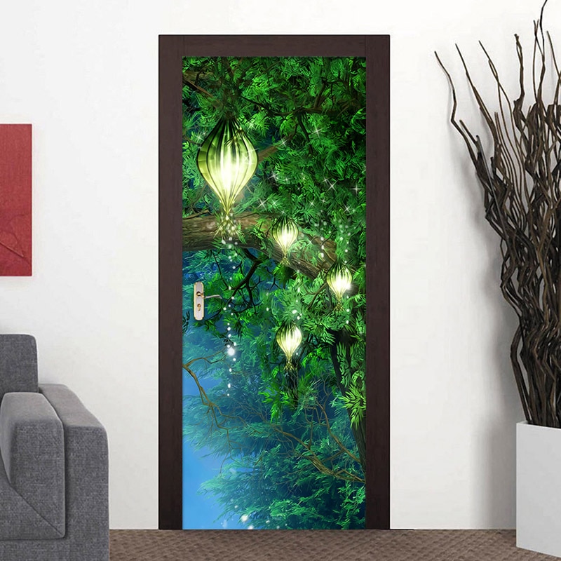 3D Dream Green Forest Landscape Door Sticker Living Room Kids Room PVC Self-Adhesive Waterproof Wallpaper Home Decor Door Decals