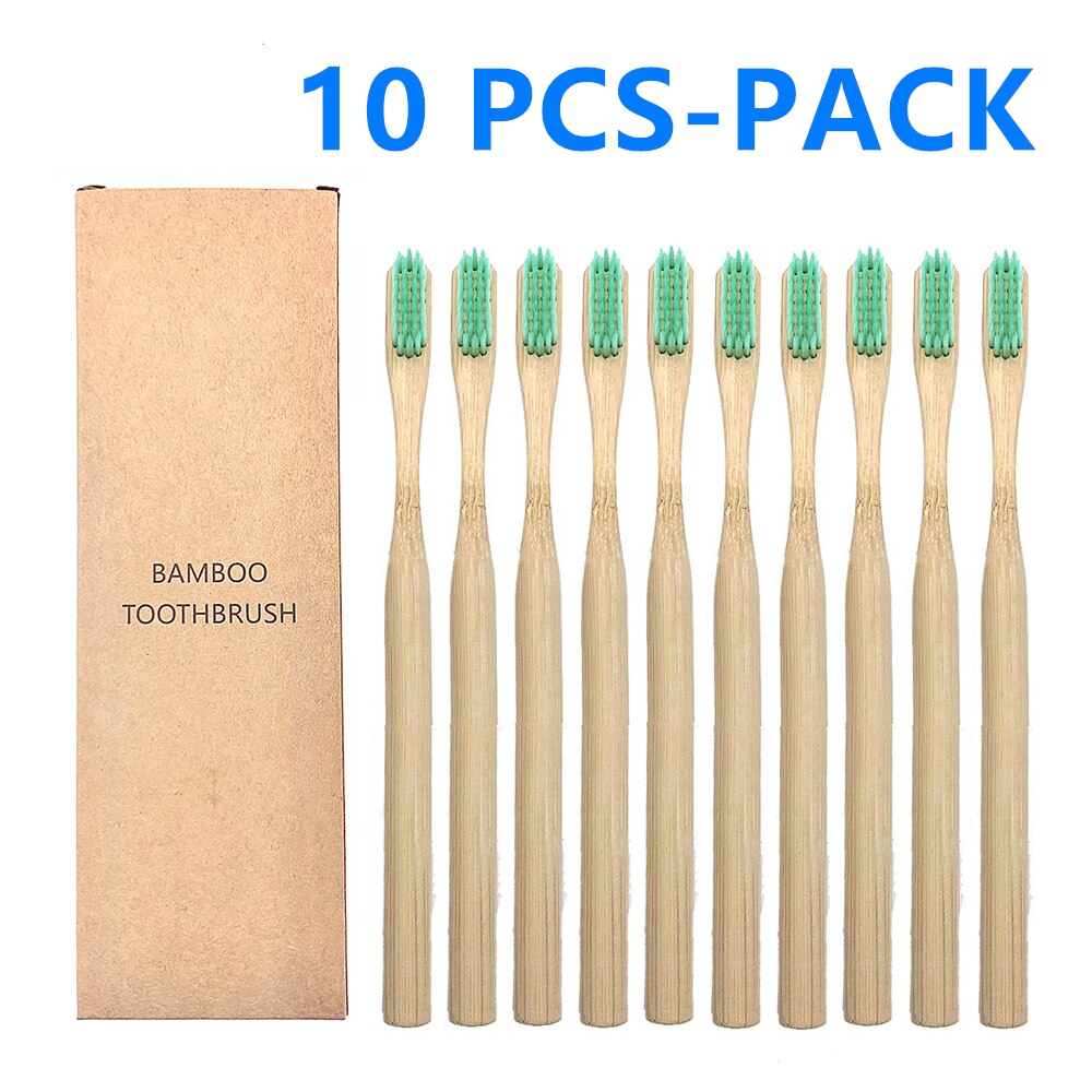 10Pcs Natural Toothbrush Eco-Friendly Rainbow Bamboo Medium Bristle Biodegradable Teeth Brush Solid Bamboo Handle Toothbrush: 10 PCS Green Color