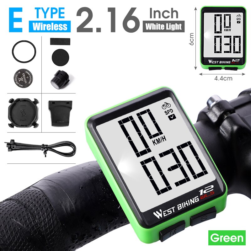 WEST BIKING-velocímetro de ciclismo, ordenador con pantalla grande de 2,8 pulgadas, resistente al agua, 20 funciones, inalámbrico y con cable, para bicicleta de montaña: E Wireless Green