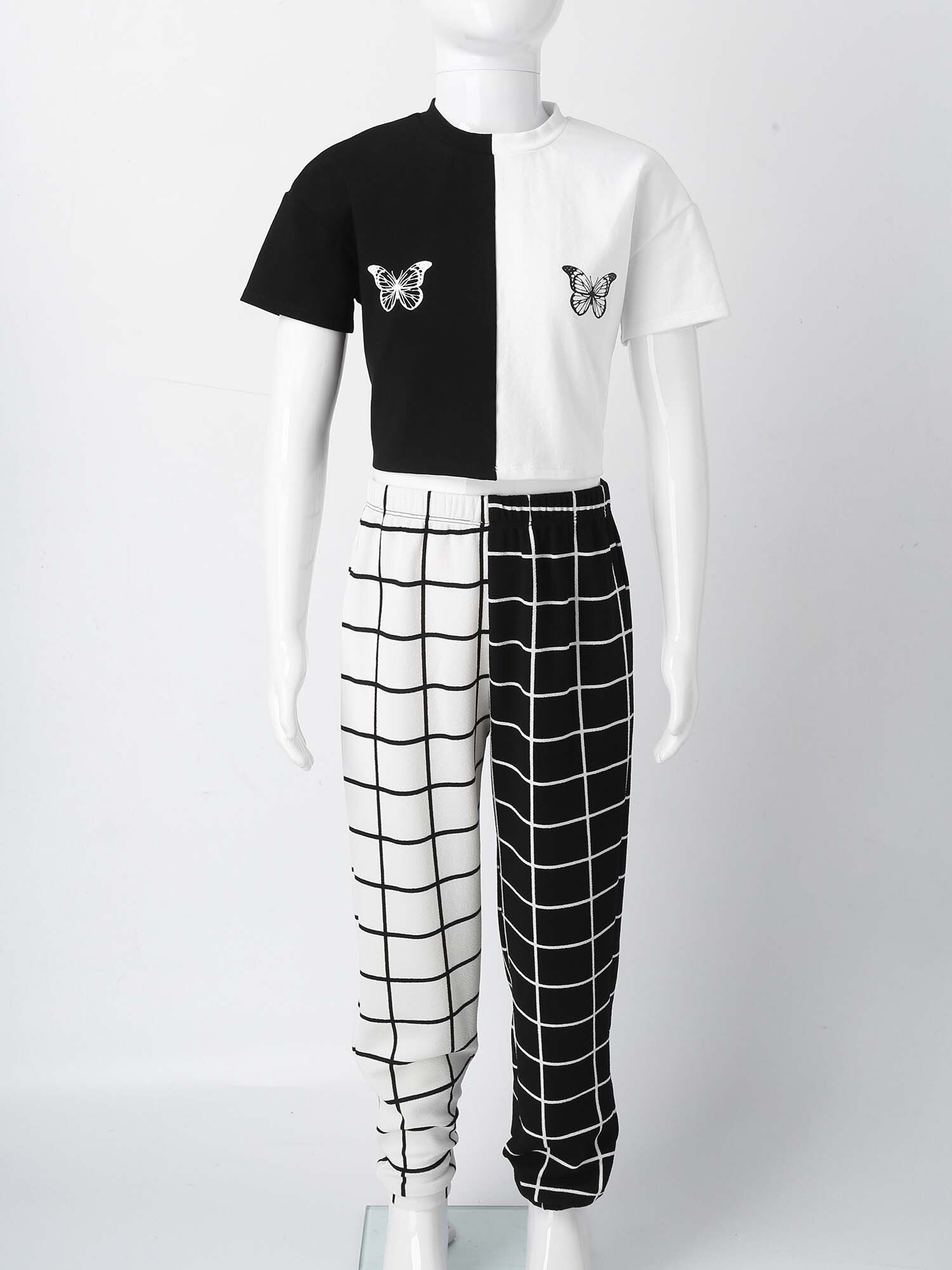4-16Y Girls Sports Set Kids Girls Clothes Sets Butterfly Print Crop Tops + Plaid Pants Summer Teen Workout Dancewear