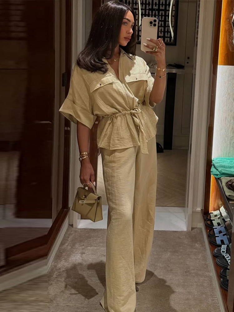 Set Woman 2 Pieces Short Sleeve Stand Zippers Lace Up Tops Loose Straight-leg Pants Summer Female Casual Outfits