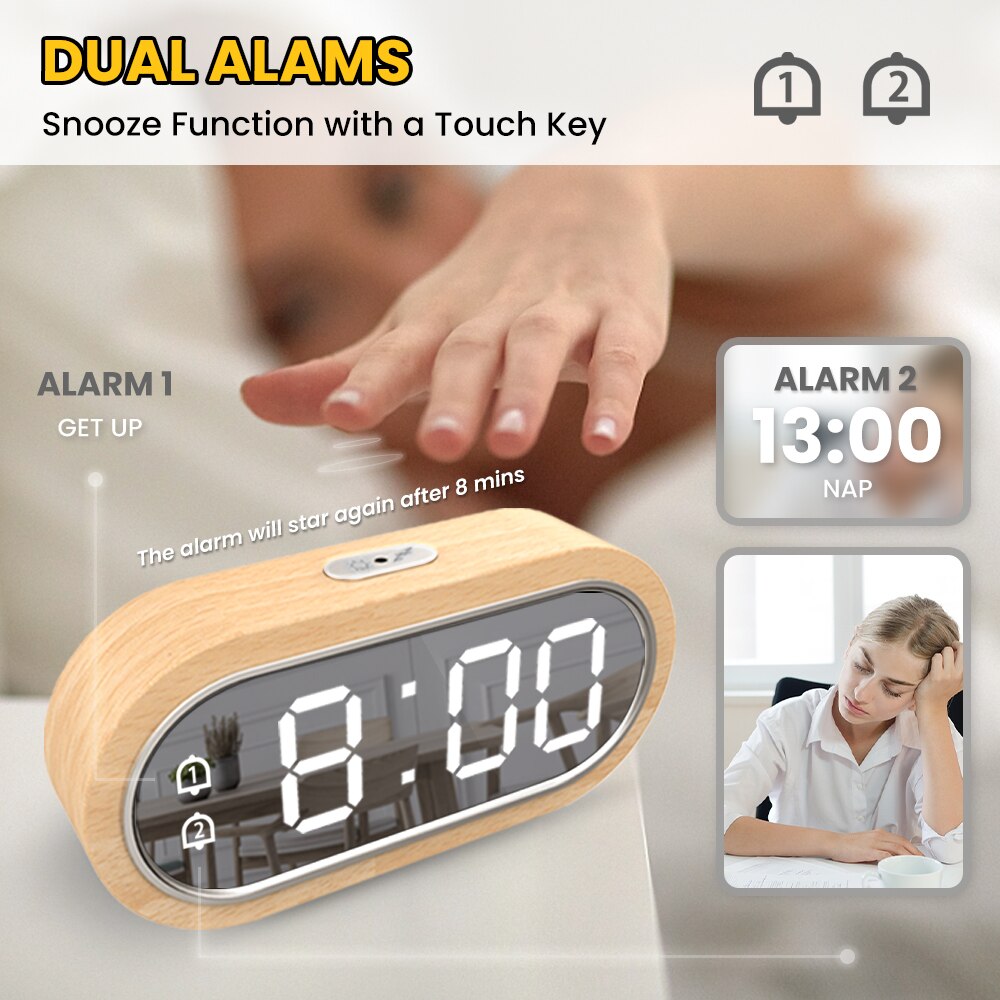 Digitale Klok Alarm Snooze Tafel Thermometer Elektronische Usb Charger Led Spiegel Houten Horloge Woonkamer Bureau Klokken Aaa Aangedreven