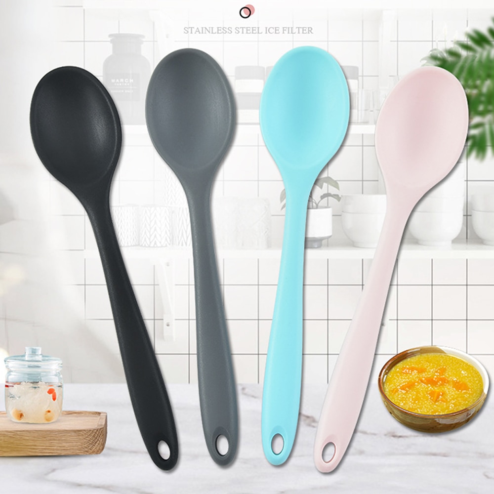 Silicone de grau alimentício longo-manuseado colher de sopa utensílios de mesa colher de cor sólida cozinha colher de silicone talheres acessórios