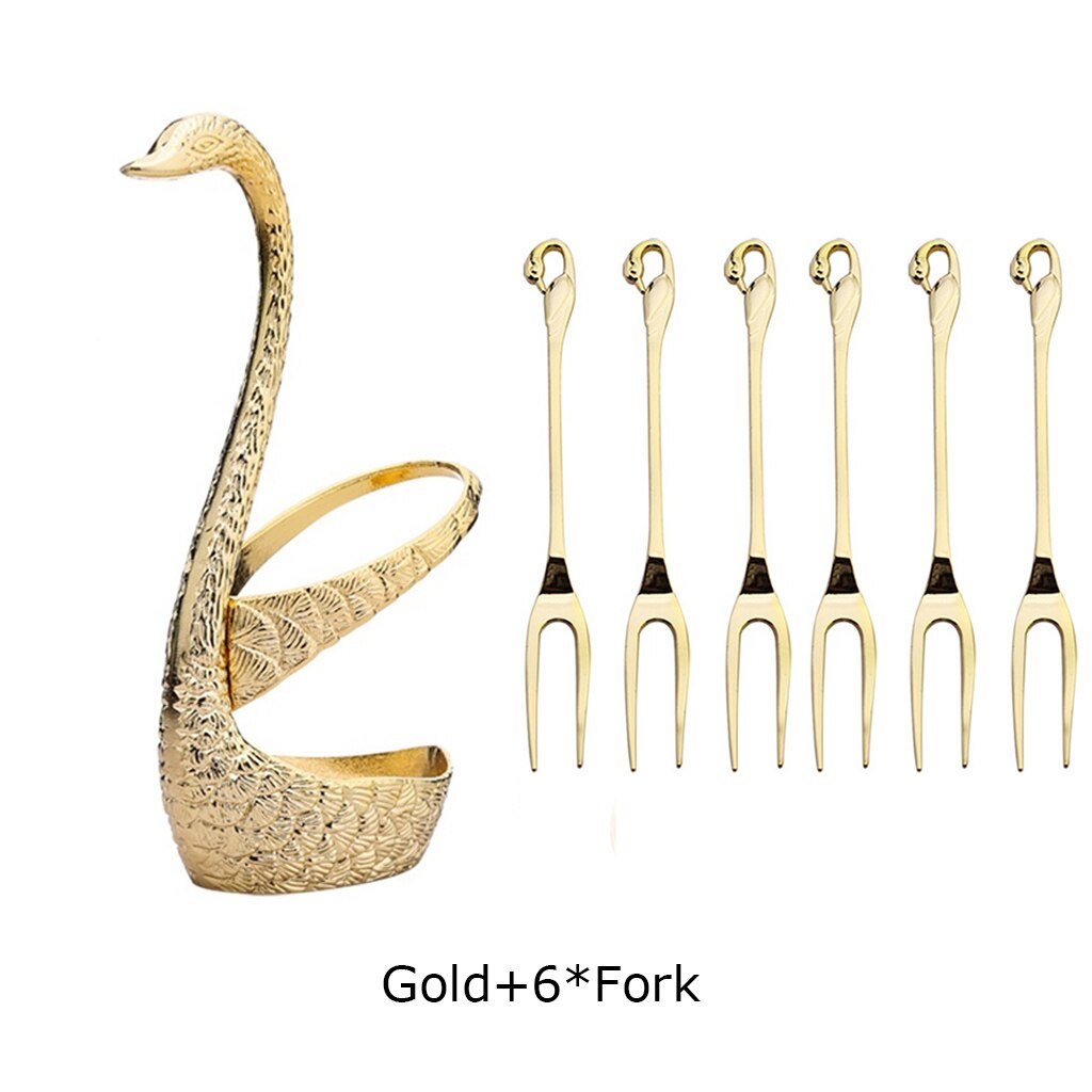 Base de cisne romántica, 7 piezas, vajilla de acero inoxidable para ensalada, postre, fruta, tenedores, cucharas de café, vajilla de cena, herramientas de cocina: Gold 6 Fork