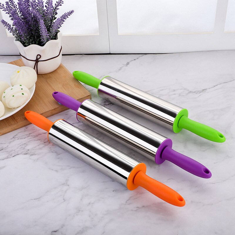 Multicolor 39cm Rolling Pin 304Stainless Steel PVC Round Pointed Handle Kitchenware Effortless Roller Nonstick Eco-friendly