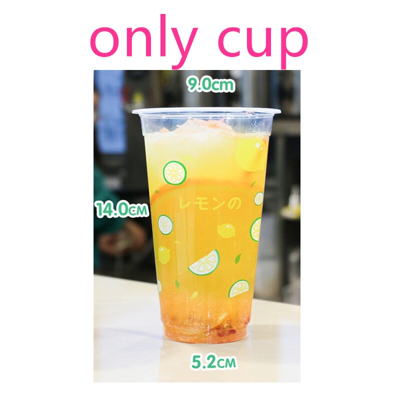 50pcs 90 caliber 500ml transparent cold drink cup fruit lemon peach pattern disposable juice plastic cups with lid: only cup