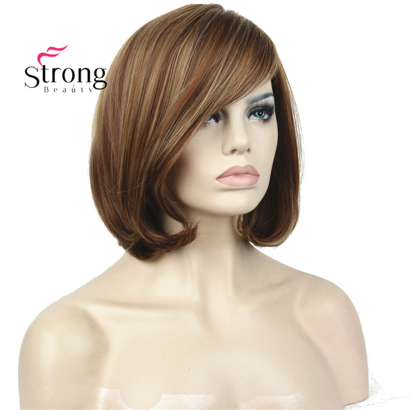StrongBeauty Kurze Gerade Braun Hervorgehoben Bob Seite Gefegt Pony Synthetische Perücke FARBE ENTSCHEIDUNGEN: H-WG1019 N33-30-24D