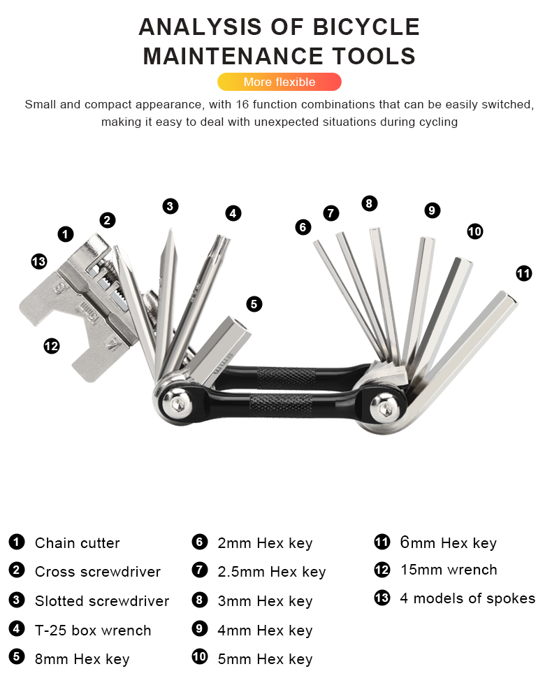 Kit de herramientas de reparación de bicicletas, cortador divisor de cadena 16 en 1, llave de radios hexagonales, herramienta múltiple para bicicleta de montaña y carretera, llave de destornillador multifunción