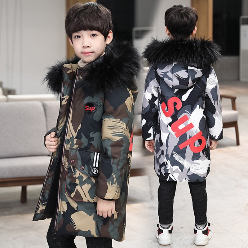 5-15 ans veste d'hiver pour garçon Camouflage doudoune avec fermeture éclair garçons fourrure vêtements d'extérieur à capuche enfants Long manteau TZ530