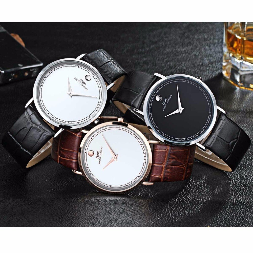 IBSO Eenvoudige Stijl Ultra Dunne Heren Horloges Quartz Horloges Lederen Band Casual Horloges B2220G
