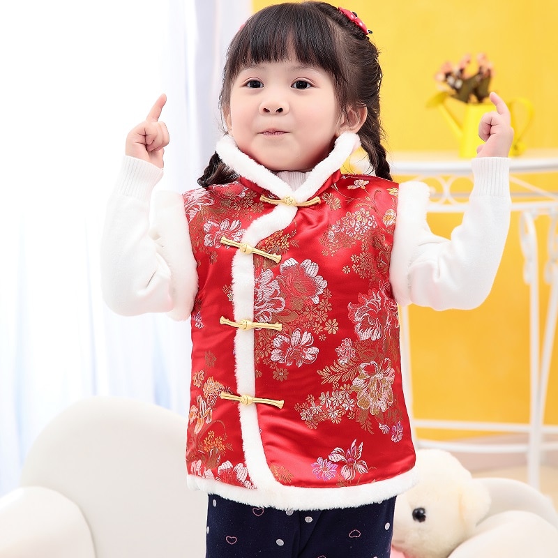 Baby Meisjes Gewatteerde Jassen Festival Vest Meisje Donsjack Chi-Pao Chinese Kinderen Qipao Bovenkleding Dikke Outfits Vest